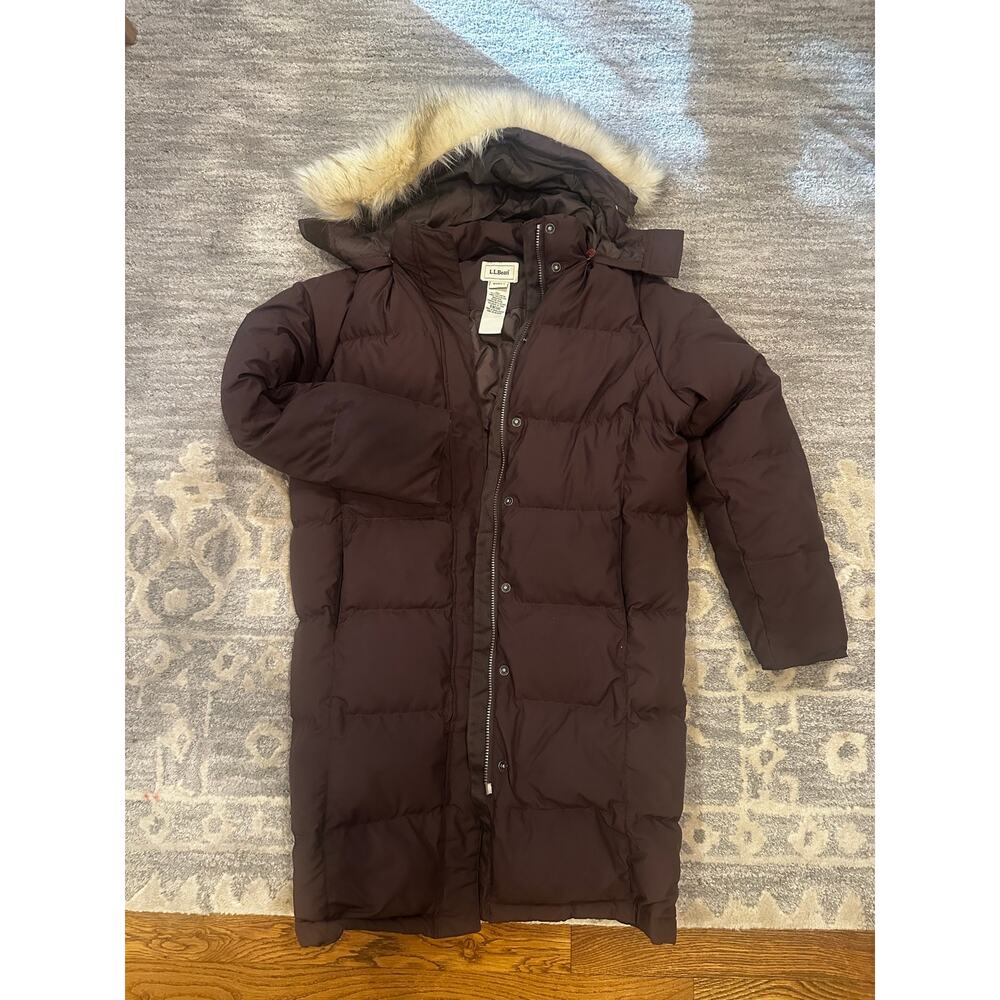 L.L.Bean Ultrawarm Down Coat 3/4 Length Brown Medium Down Puffer Fur Hood - Picture 2 of 7